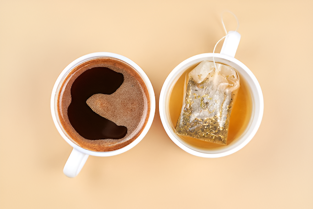A cup of coffee and a cup of green tea, placed side by side, against a soft yellow background.