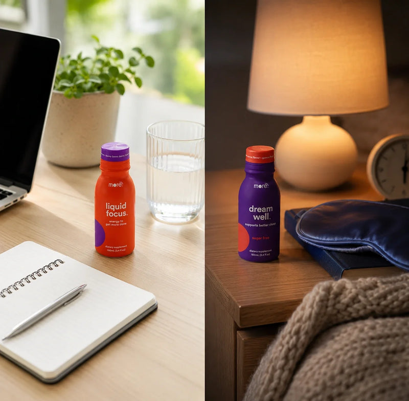 More Labs Liquid Focus and Dream Well bottles shown in daytime focus and nighttime sleep settings.