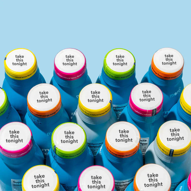 Image featuring multiple bottles of Morning Recovery with colorful caps, each labeled “take this tonight”. 