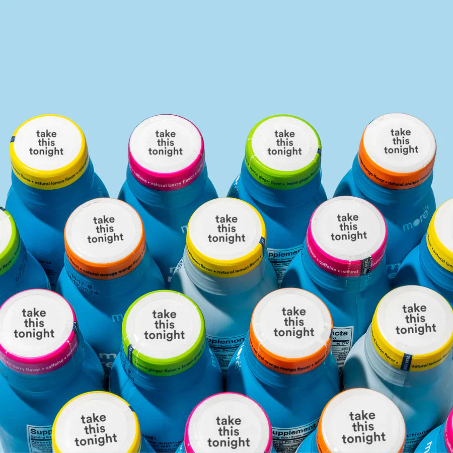 Image featuring multiple bottles of Morning Recovery with colorful caps, each labeled “take this tonight”. 
