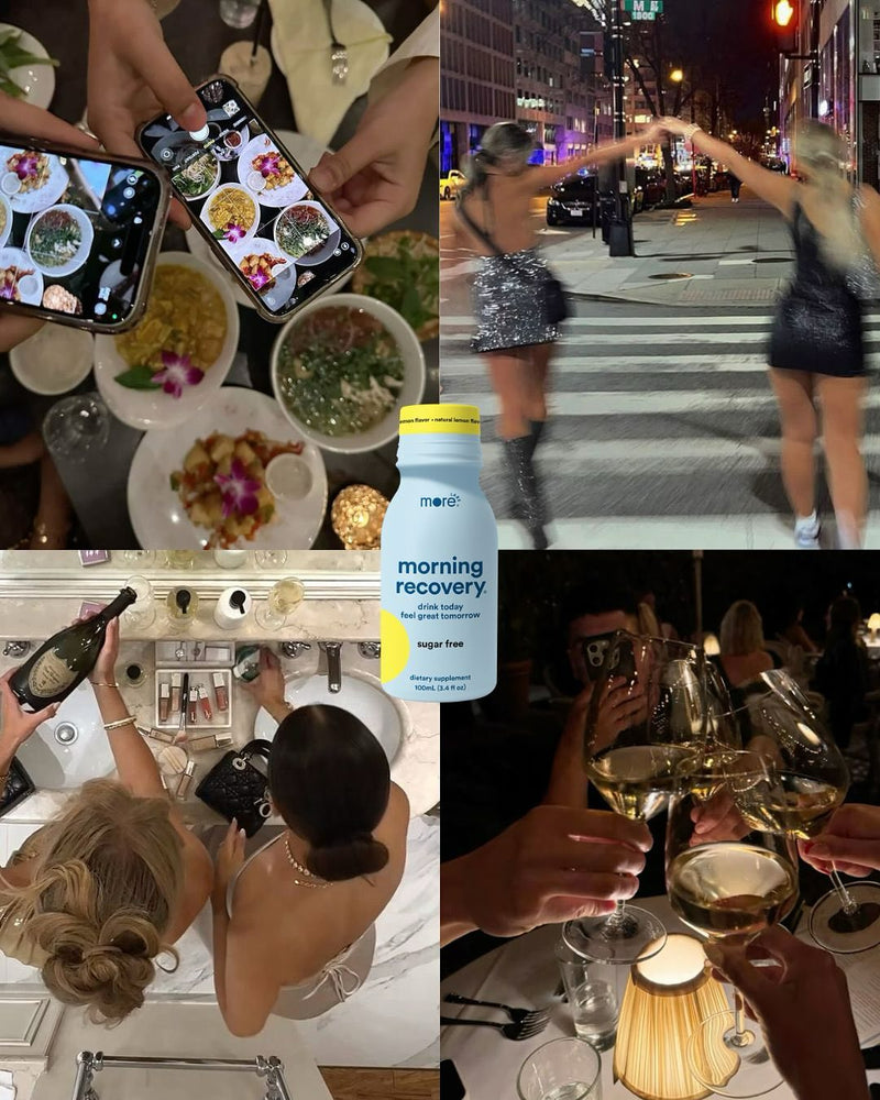 Morning Recovery bottle surrounded by night-out scenes, including dining, drinks, and getting ready moments.