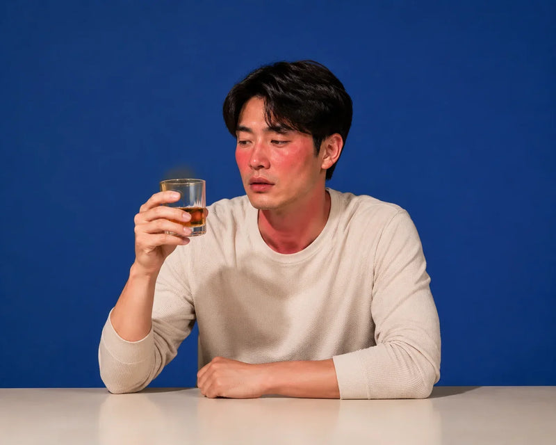 More Labs Morning Recovery lifestyle image showing a person holding a drink with flushed skin after alcohol.