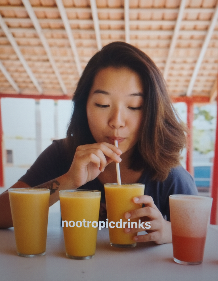  A woman enjoying nootropic drinks from four glasses, with a straw. 