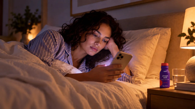 More Labs Dream Well bottle on a bedside table as a woman looks at her phone before sleep.
