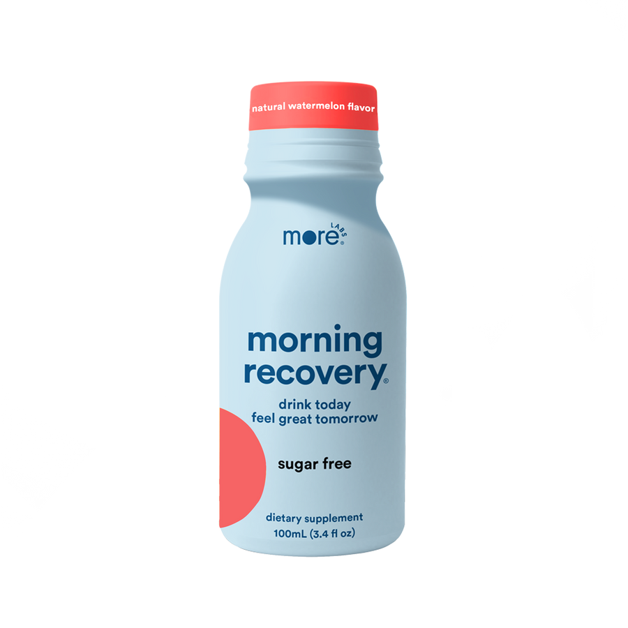 Morning Recovery dietary supplement bottle designed to support hydration and help reduce next day hangover symptoms before or while drinking alcohol
