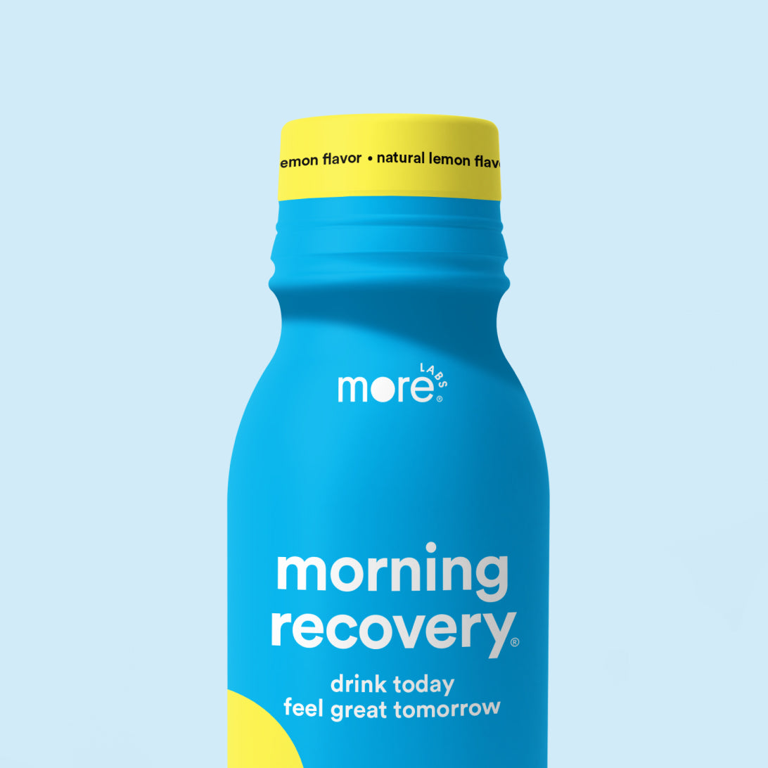 More Labs Morning Recovery supplement bottle with natural lemon flavor on a light blue background.

