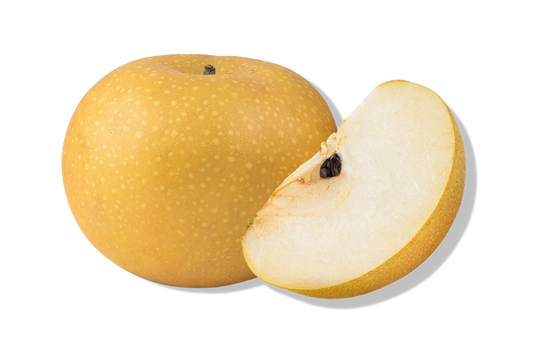 Whole and sliced Korean pear isolated on a transparent background.
